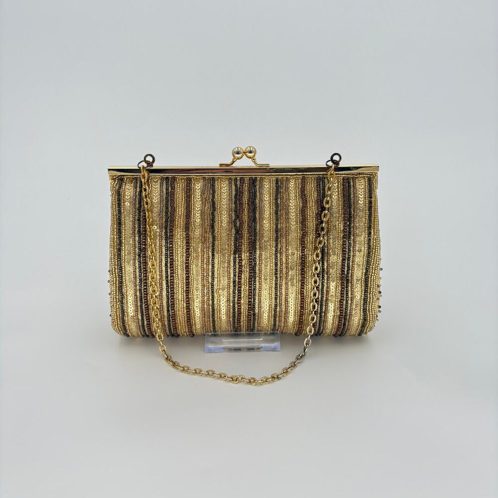 Inge Christopher Vintage Y2K Gold Beaded Striped Evening Clutch Handbag Chain